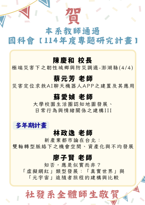 賀! 本系教師通過國科會【114年度專題研究計畫】圖片