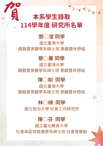 本系學生錄取114學年度研究所名單